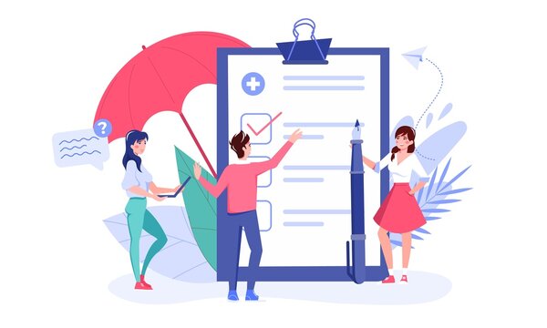 Tiny woman client with pen talking to insurance agent flat vector illustration. Health insurance checklist survey agreement concept