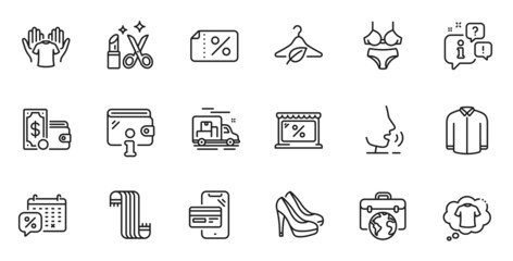 Outline set of Online shopping, T-shirt and Hold t-shirt line icons for web application. Talk, information, delivery truck outline icon. Include Market, Wallet money, Lingerie icons. Vector