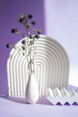 
Background with color of the year 2022 very Peri with geometric shapes. Interior still life with figures and shadows from the sun.