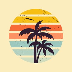 Vintage sunset graphic. Sunset in 80s or 90s style. Geometric style. Palm trees and seagulls against the backdrop of retro sunset in the shape of circle. Flat vector illustration in grunge style.