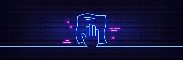 Neon light glow effect. Cleaning cloth line icon. Wipe with a rag symbol. Housekeeping equipment sign. 3d line neon glow icon. Brick wall banner. Washing cloth outline. Vector - obrazy, fototapety, plakaty