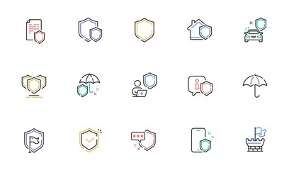 Defense line icons. Car insurance, Secure shield and Safe umbrella. Safety risk, Computer security and Defense privacy icons. Secure online information, Tower castle and protect shield. Vector