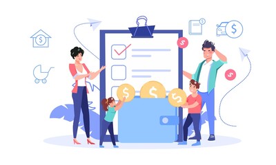 Family tiny people with children planning budget calculating income expenses checking financial bank credit flat vector illustration. Money savings, economy concept