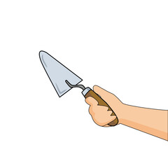 Hand holding trowel for builder. tool isolated on white background
 Flat illustration of repair and builder hand tools.