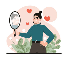 Love of self. Young girl looks at her reflection in mirror and smiles. Character pleased with appearance and body. Positive psychology and optimism, high self esteem. Cartoon flat vector illustration