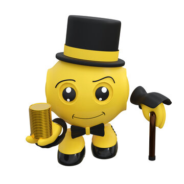 niedliches Roboter Emoticon hält in der Hand einen Stapel aus Goldmünzen. 3d Rendering