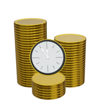 Stapel aus Goldmünzen in unterschiedlicher Höhe mit einer Uhr auf der es fünf vor zwölf ist. 3d Rendering