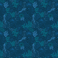Abstract doodle pattern with microbe, virus, bacteria. Vector seamless background with fantasy microorganism, mold, cell, germ, probiotic etc. 