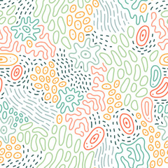 Abstract doodle pattern with microbe, virus, bacteria. Vector seamless background with fantasy microorganism, mold, cell, germ, probiotic etc. 