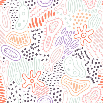 Abstract doodle pattern with microbe, virus, bacteria. Vector seamless background with fantasy microorganism, mold, cell, germ, probiotic etc. © Elena