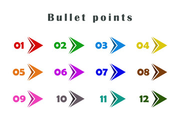 Colorful bullet points arrows, numbers from 1 to 12. Infographics. Vector design. - obrazy, fototapety, plakaty