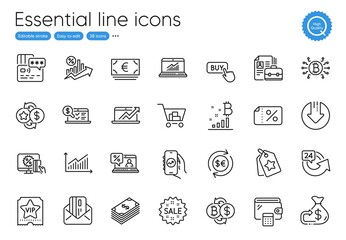 Money currency, Credit card and Internet shopping line icons. Collection of Online statistics, Euro currency, Graph icons. Discount banner, Wallet, Loyalty tags web elements. Vector