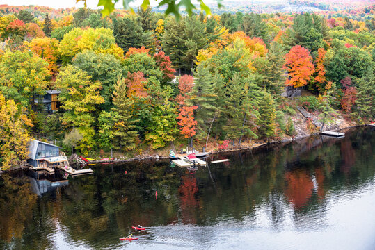 Wooden jetties along the forested shore of a lake in autumn. Fall foliage. People canoeing are visible at the bottom of the picture. 