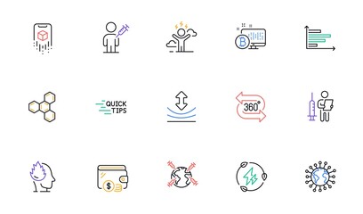 Chemical formula, 360 degree and Coronavirus line icons for website, printing. Collection of Resilience, Difficult stress, Vaccination announcement icons. Augmented reality. Vector