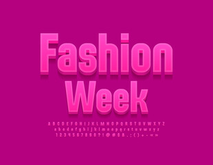 Vector stylish Poster Fashion Week. Elegant Pink 3D Font. Modern Artistic Alphabet Letters, Numbers and Symbols set