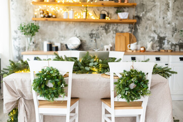 Merry Christmas and Happy Holidays. Time of family tea party. Christmas wooden table.