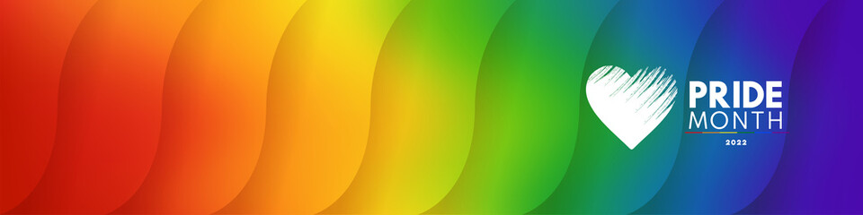 Pride Gradient Background with 2022 LGBTQ Pride Flag Colours. Vector banner logo 2022 lgbtq pride month with rainbow heart. Symbol of pride month june support. - obrazy, fototapety, plakaty