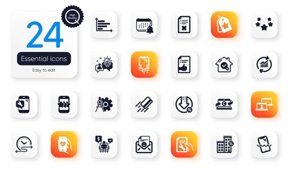 Set of Technology flat icons. Cogwheel dividers, Reject file and Star elements for web application. Notification, Smartphone waterproof, Stars icons. Phone repair, Idea. Vector