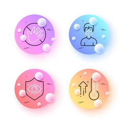 Do not touch, Eye protection and Medical mask minimal line icons. 3d spheres or balls buttons. High thermometer icons. For web, application, printing. Not allowed, Optometry, Respirator. Vector