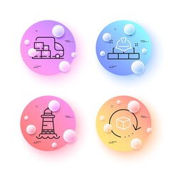 Delivery truck, Lighthouse and Return package minimal line icons. 3d spheres or balls buttons. Construction bricks icons. For web, application, printing. Vector