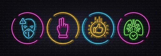 Click hand, Medical mask and Like hand minimal line icons. Neon laser 3d lights. Lungs icons. For web, application, printing. Direction finger, Face respirator, Thumbs up. Vector