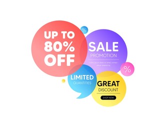 Discount offer bubble banner. Up to 80 percent off sale. Discount offer price sign. Special offer symbol. Save 80 percentages. Promo coupon banner. Discount tag round tag. Quote shape element. Vector