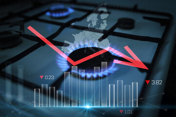 Problem with import natural gas in Europe. Blue flame of burning natural gas from a gas stove and...