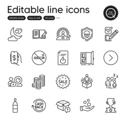 Set of Business outline icons. Contains icons as Lgbt, Checkbox and Winner cup elements. Wine bottle, Augmented reality, Money app web signs. Coins, Sleep, Love night elements. Open door. Vector
