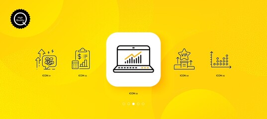 Fototapeta na wymiar Online statistics, Dot plot and Stress grows minimal line icons. Yellow abstract background. Vip podium, Report icons. For web, application, printing. Vector