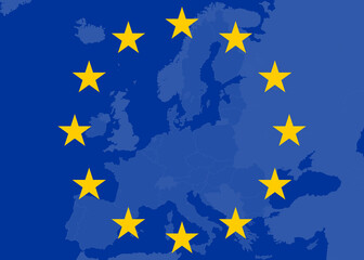 The nations of the European Union on a map (as of 2022), surrounded by the stars of its flag, with the blue background.
