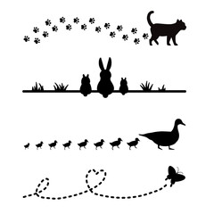 Animal silhouette vector collection,cat walking with footprints, Rabbits on the grass, duck and duckling, and  butterfly