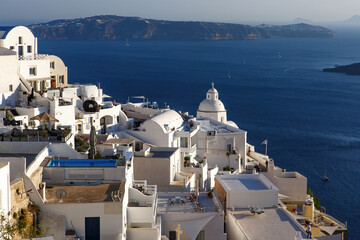 View of white greek houses on the sea coast of Santorini island, Greece