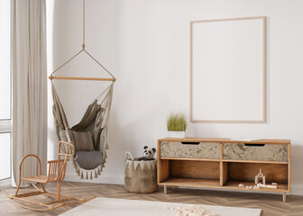 Empty vertical picture frame on white wall in modern child room. Mock up interior in scandinavian, boho style. Free, copy space for your picture. Rattan details. Cozy room for kids. 3D rendering. © Creative_Bird