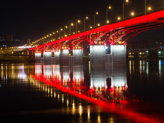 Siberian city of Krasnoyarsk. View of the new road bridge. Night shooting