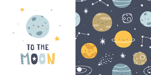 Pattern with cute planet in outer space. Scandinavian astronomy seamless vector print for nursery and kids pajamas.