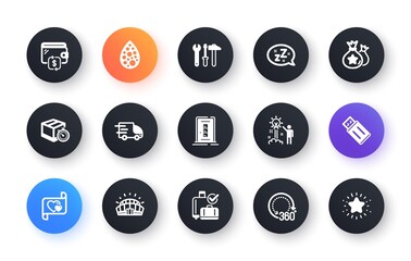 Minimal set of Creative idea, Truck delivery and Door flat icons for web development. Usb flash, Sleep, Baggage reclaim icons. Wallet, Delivery timer, Love letter web elements. Vector