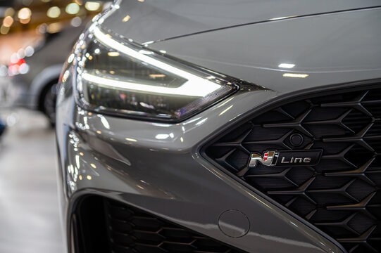 LED headlights and car design closeup of nev Hyundai i30 N Line, model 2022