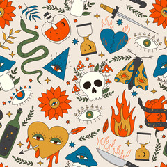 Seamless vector pattern with 70s psychedelic tattoo drawings. Retro groovy background with snake, heart, skull, eye, mushrooms, potion. Cartoon hippy texture