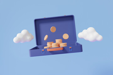 Opened one briefcase money stack coins floating minimal cartoon style on sky blue background. investing finance business concept. 3d render illustration - obrazy, fototapety, plakaty