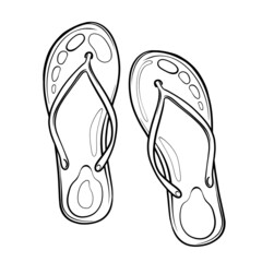 Flip-flops beach doodles black outline on white background