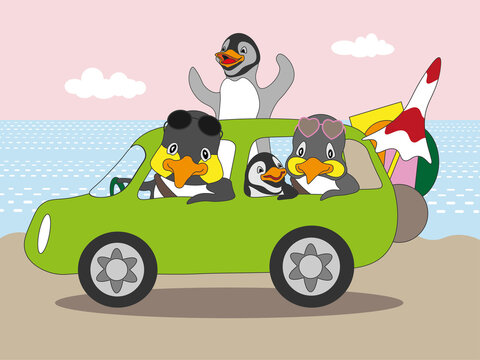 Cartoon Family Of Penguins Driving In A Car Along The Coast. Colorful Illustration In A Simple Flat Style Dad Mom And Two Children On The Theme Of Travel For A Summer Vacation On The Beach.