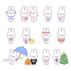 Set of 12 cute kawaii rabbits. Funny bunny character in varios poses. Concept holidays and season.