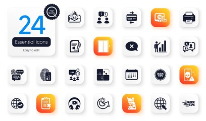 Set of Technology flat icons. Share idea, Reject and Headphones elements for web application. Internet, Calendar, People chatting icons. Card, Tips, Reject checklist elements. Lift. Vector