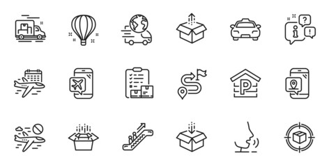 Outline set of Pin marker, Escalator and Parcel tracking line icons for web application. Talk, information, delivery truck outline icon. Include Packing boxes, Parking, Cancel flight icons. Vector