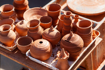 Fototapeta na wymiar Handmade ceramic jugs