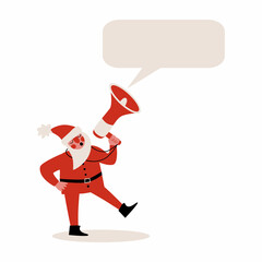 Santa Claus speaking up to megaphone or loudspeaker.