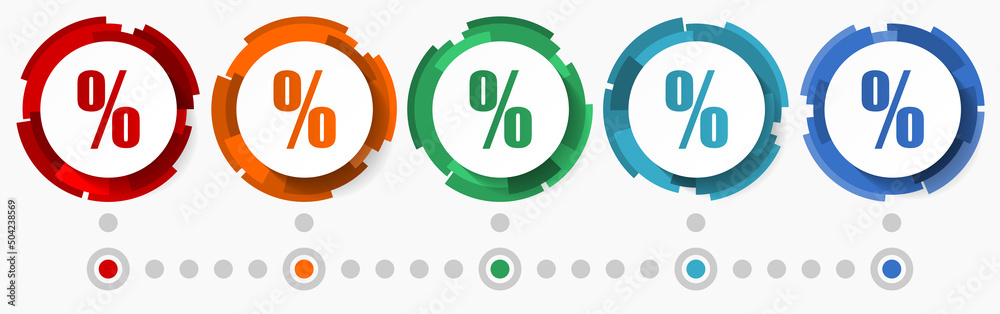 Aufkleber percent, sale concept vector icon set, modern design abstract web buttons i n 5 color options, infog
