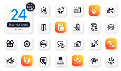 Set of Business flat icons. Balloons, Recipe book and Ranking elements for web application. Travel compass, Food delivery, Marketing icons. Social care, Fireworks stars, Cooking hat elements. Vector