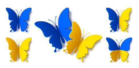 Fototapeta na wymiar Set of shapes of blue yellow swallowtail butterflies with shadows isolated on a white background. Vector silhouette of butterfly is perfect for patriot sticker, icon and decoration design