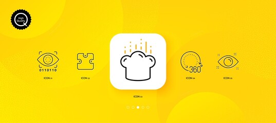 Fototapeta na wymiar Health eye, Artificial intelligence and Puzzle minimal line icons. Yellow abstract background. 360 degrees, Cooking hat icons. For web, application, printing. Vector